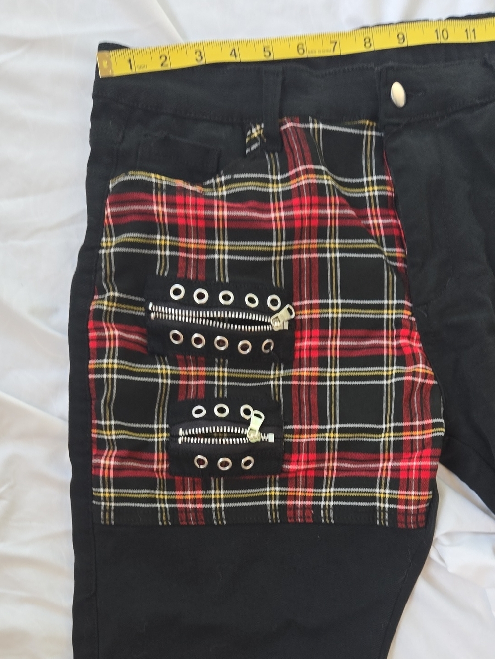 Men's Black Punk Rock Style Jeans With Zippers & Red Squared Patterns In Areas - Picture 4 of 9
